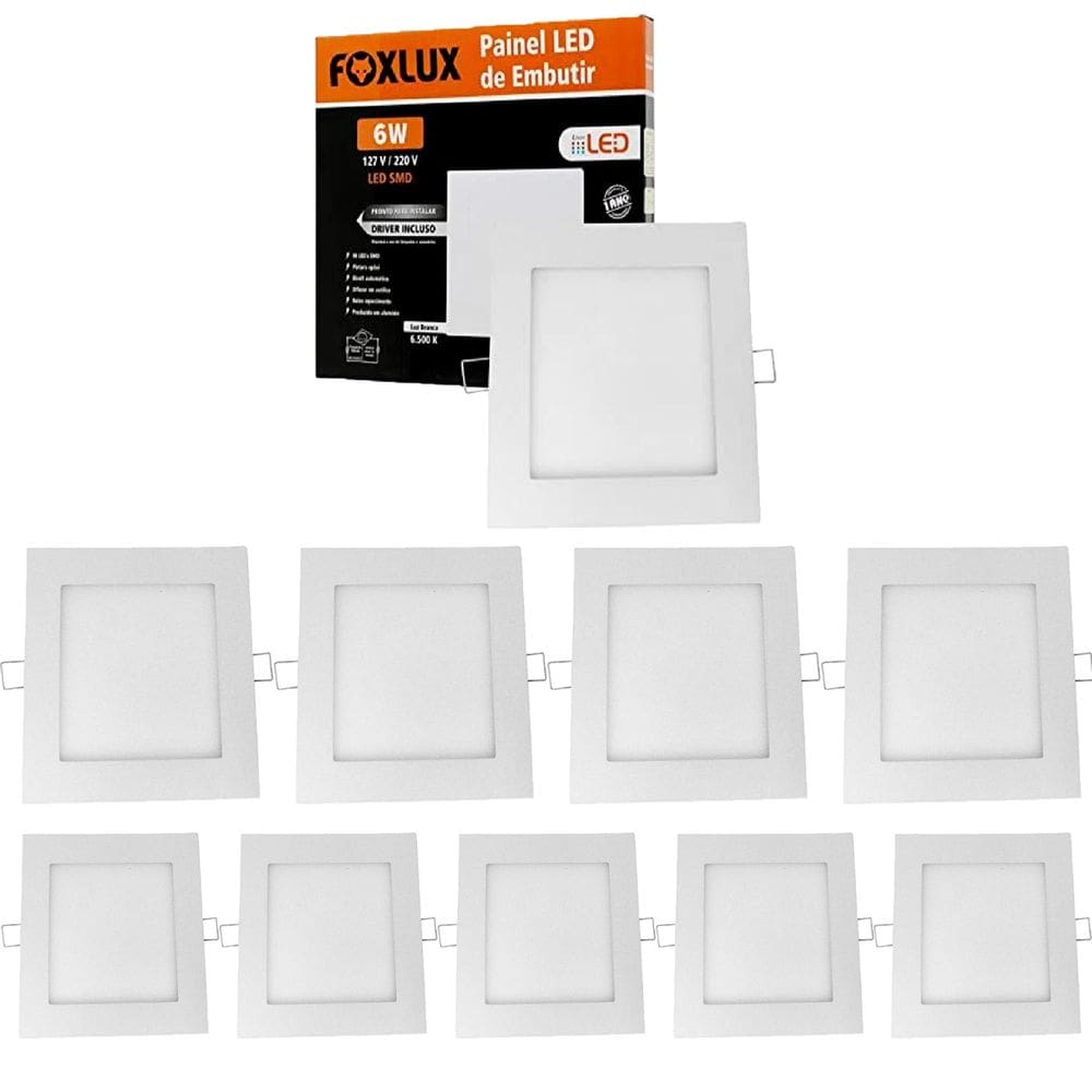 Kit 10 Painel LED 6W Downlight Bivolt 6500K Quad Emb Foxlux