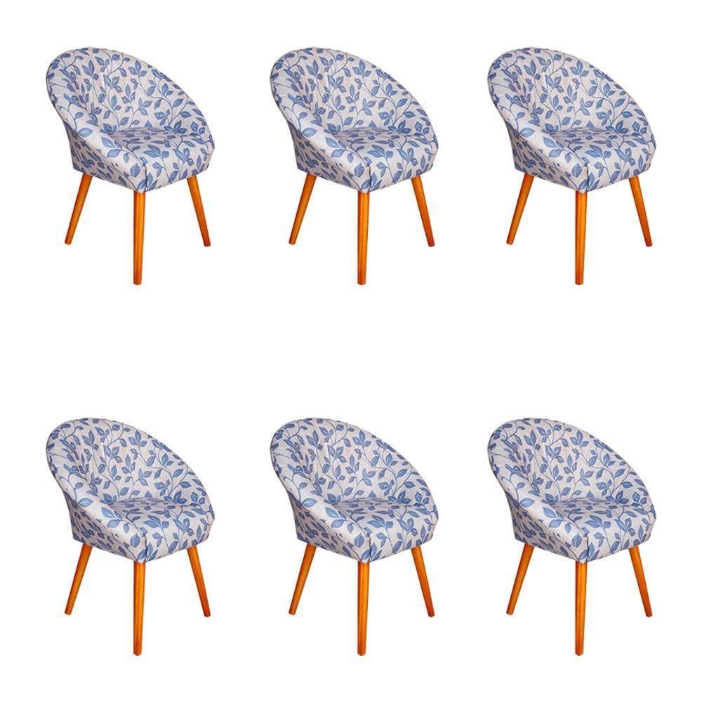 Kit 6 Poltronas Decorativa Canastra Estofada Veludo Floral Azul Pés Em Madeira Maciça