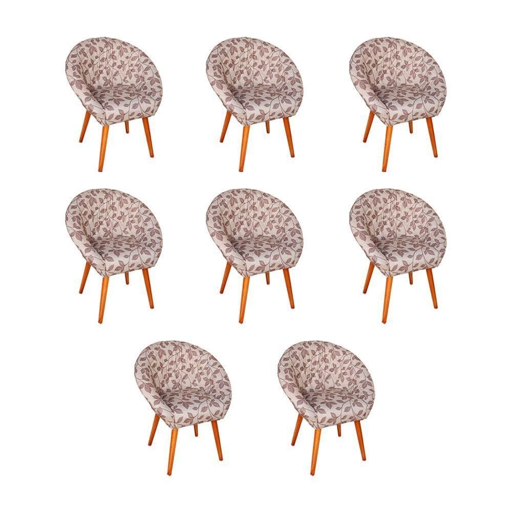 Kit 8 Poltronas Decorativa Canastra Estofada Veludo Floral Marrom Pés Palito Em Madeira Maciça