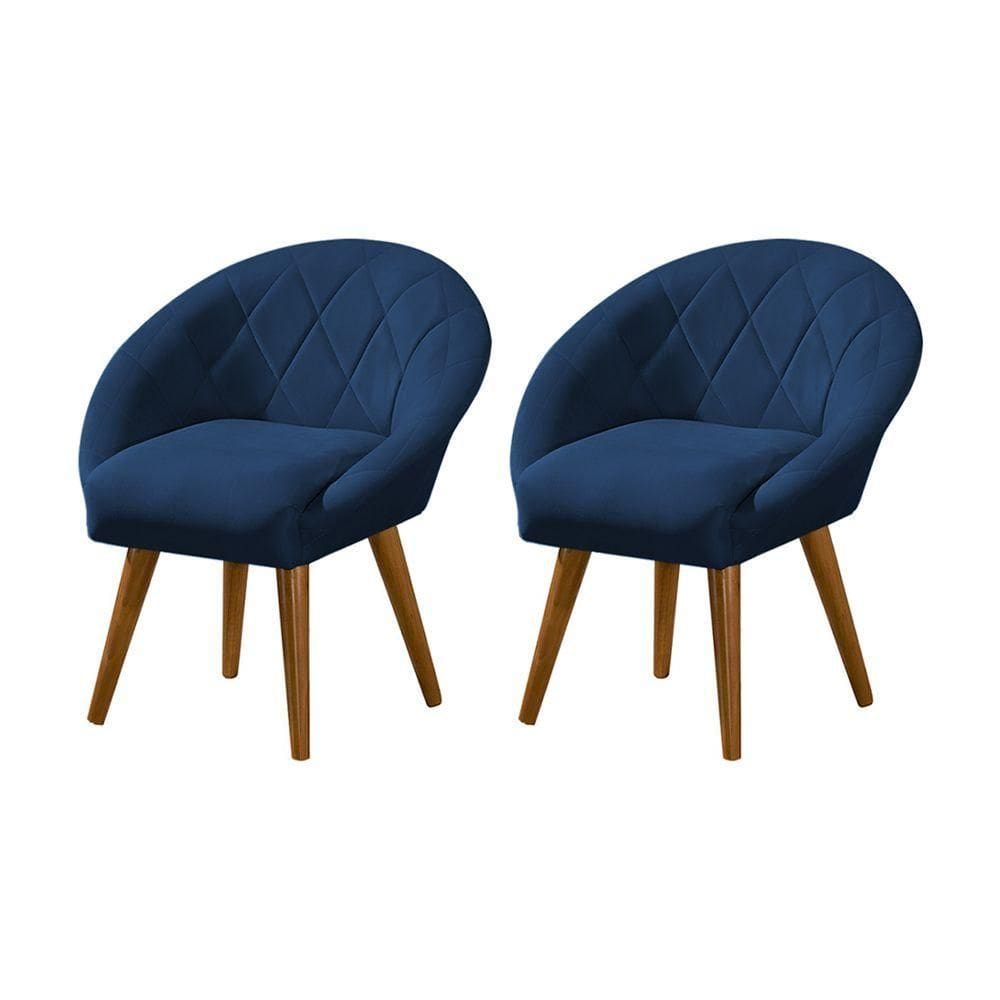 Kit 2 Poltronas Decorativa Canastra Estofada Veludo Azul Marinho Pés Palito Em Madeira Maciça