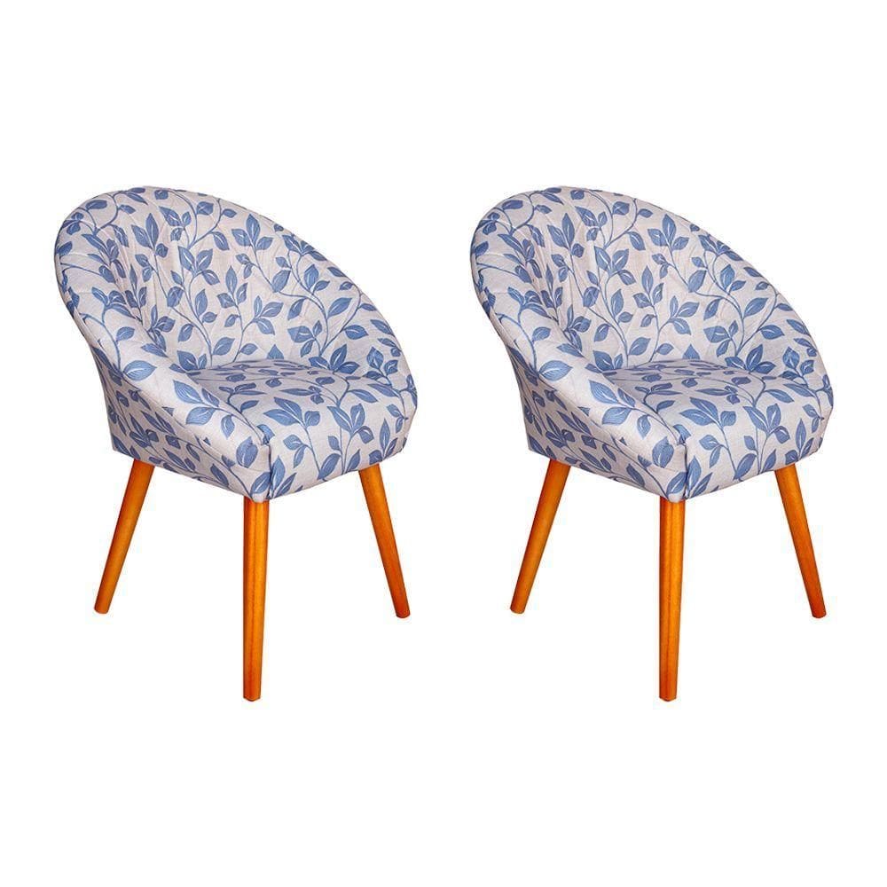 Kit 2 Poltronas Decorativa Canastra Estofada Veludo Floral Azul Pés Em Madeira Maciça