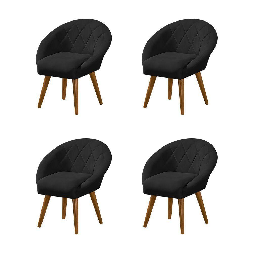 Kit 4 Poltronas Decorativa Canastra Estofada Linho Preto Pés Palito Em Madeira Maciça