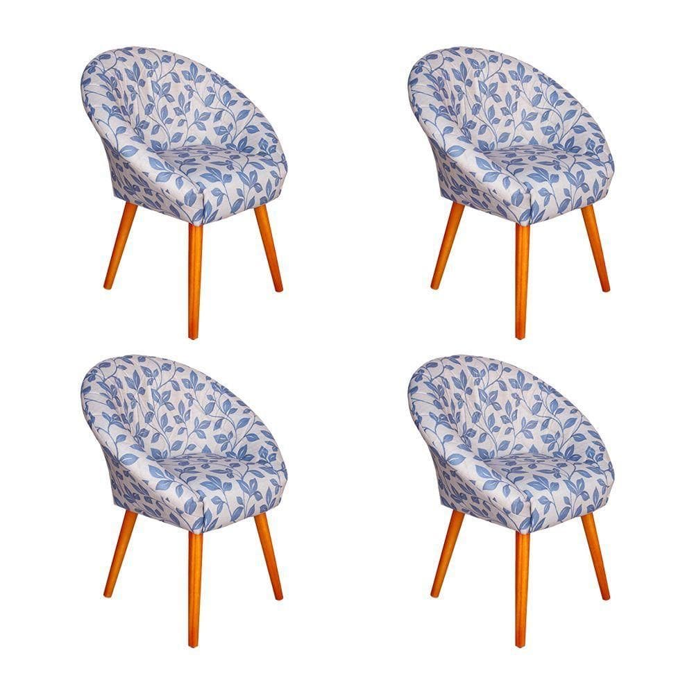 Kit 4 Poltronas Decorativa Canastra Estofada Veludo Floral Azul Pés Em Madeira Maciça