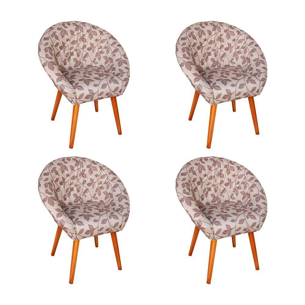Kit 4 Poltronas Decorativa Canastra Estofada Veludo Floral Marrom Pés Palito Em Madeira Maciça
