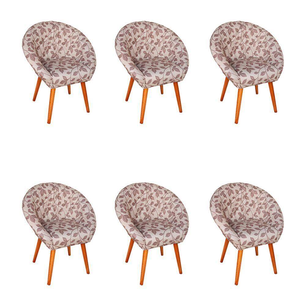 Kit 6 Poltronas Decorativa Canastra Estofada Veludo Floral Marrom Pés Palito Em Madeira Maciça