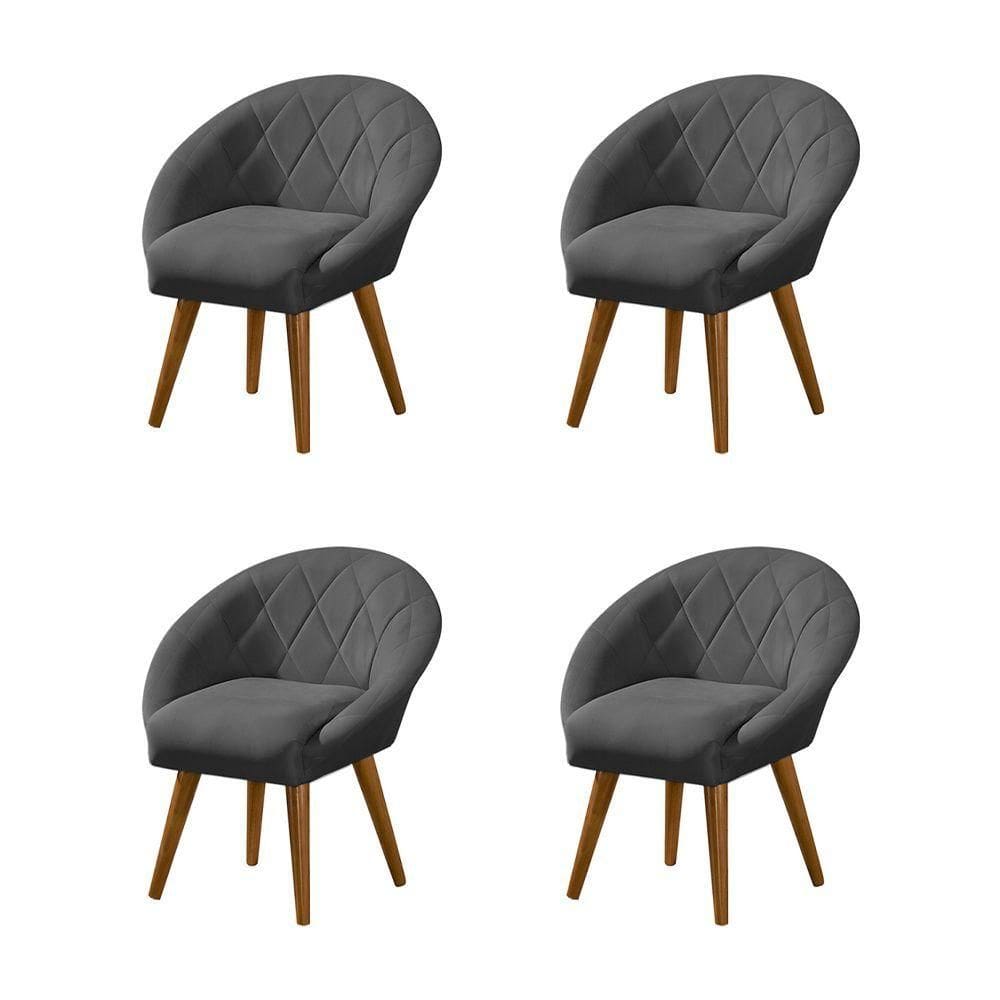 Kit 4 Poltronas Decorativa Canastra Estofada Linho Cinza Pés Palito Em Madeira Maciça