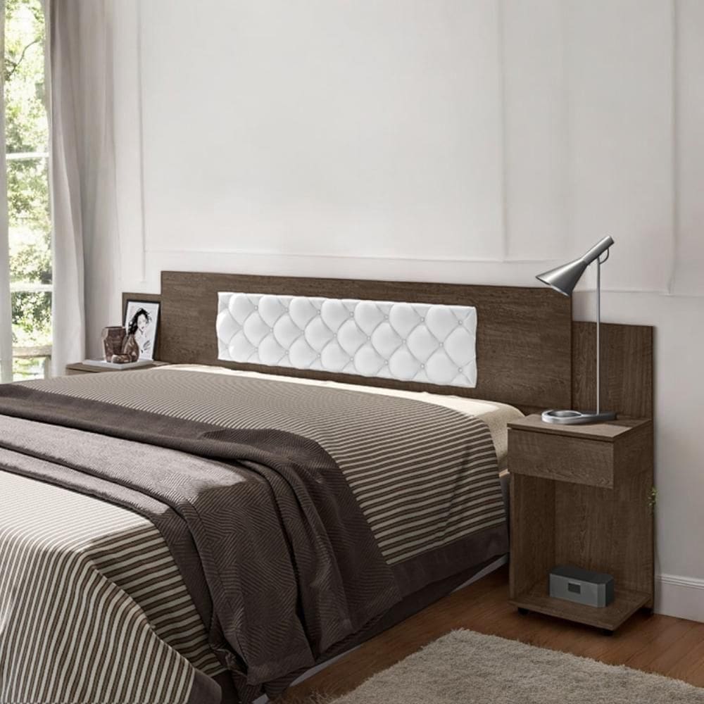 Cabeceira Ajustável Bruna Chocolate Com Capitonê Branco