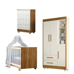 Quarto Bebê C- Berço Mini Cama,guarda Roupa,cômoda E Colchão Branco-amadeirado