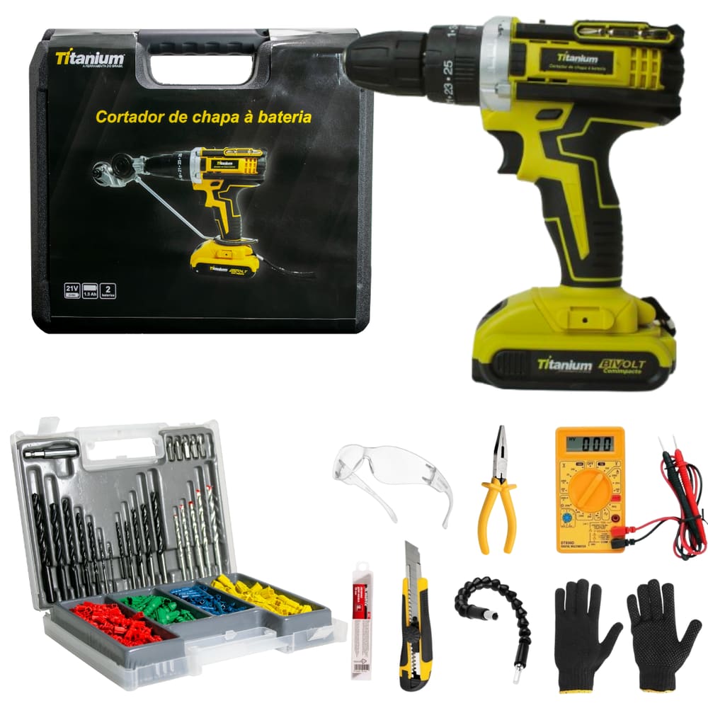 Parafusadeira a Bateria 21v com 35 acessórios e Cortador de Chapa + Kit de Alta Performance - Titanium