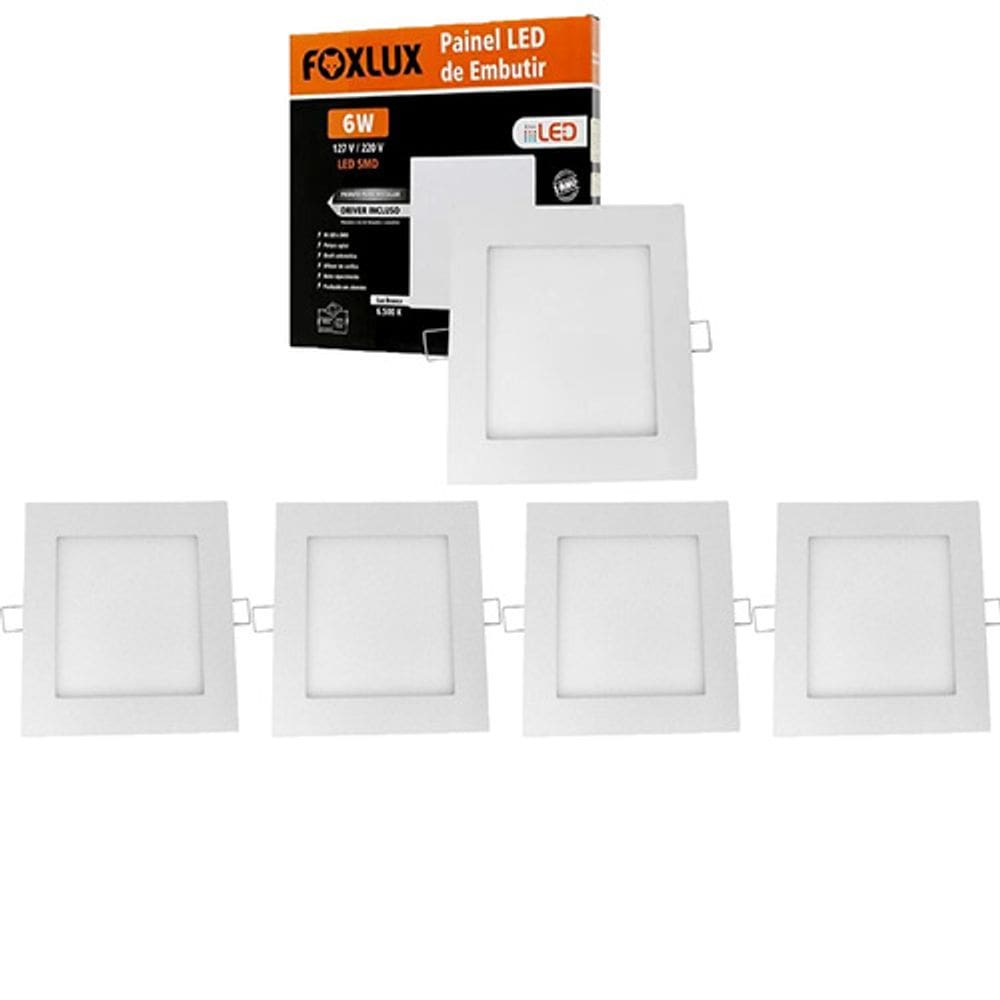 Kit 5 Painel LED 6W Downlight Bivolt 6500K Quad Emb Foxlux