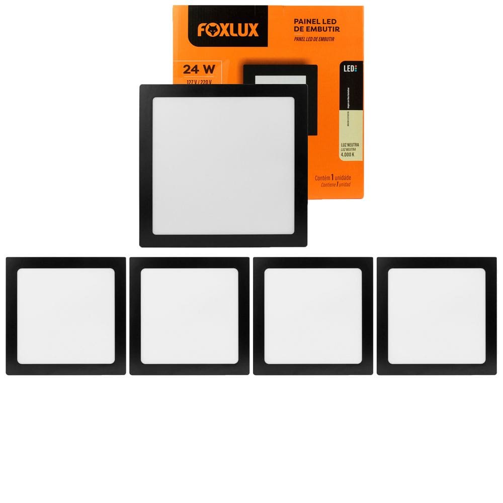 Kit 5 Painel LED 24 W 4000k Quadrado Embutir Preto Foxlux