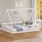 Cama Viúva Infantil Montessori Branco Madeira Casa com Estrado Stella