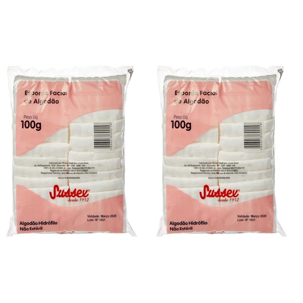 Kit 2 Algodão Esponja Facial para Skincare 100g Sussex
