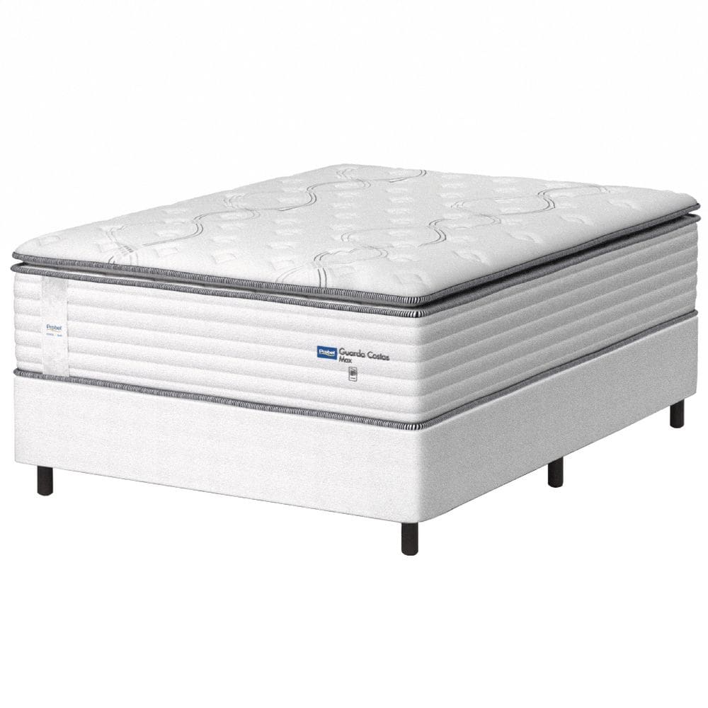 Cama Box Casal Colchão Molas Guarda Costas Max Com Pillow Probel 138x188x78cm Branco / Cinza