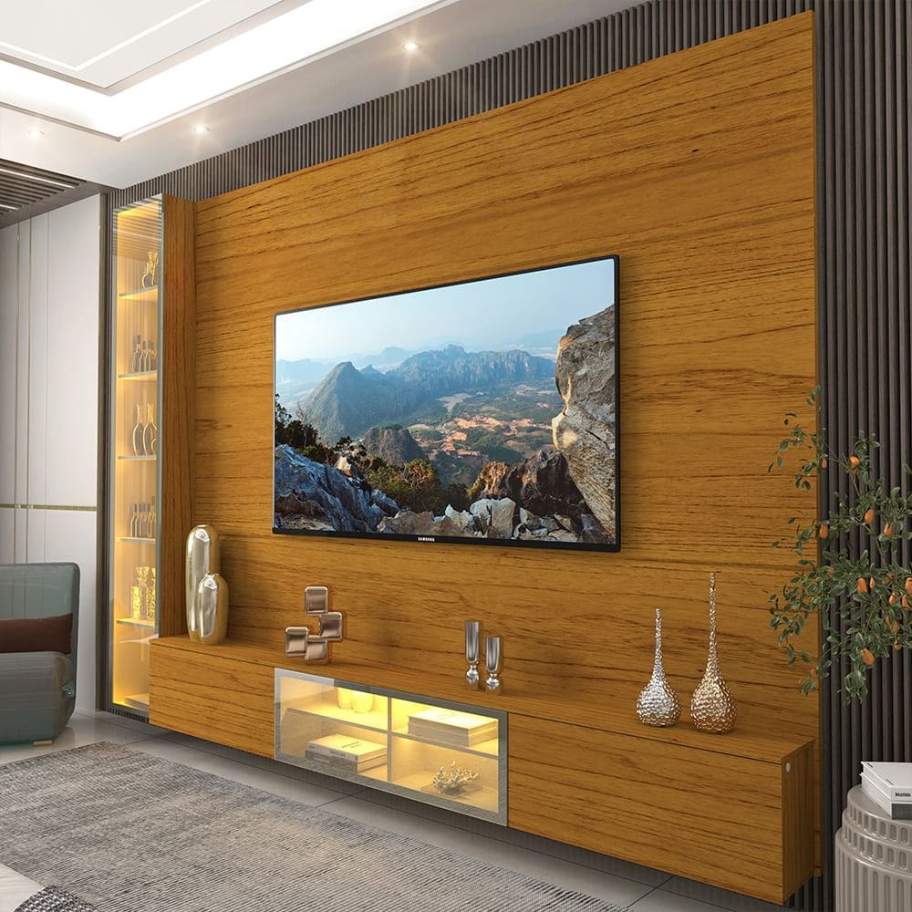 Home para TV Luminare 1 Cristaleira LED Vidro Reflecta 100% MDF Naturale - Gelius