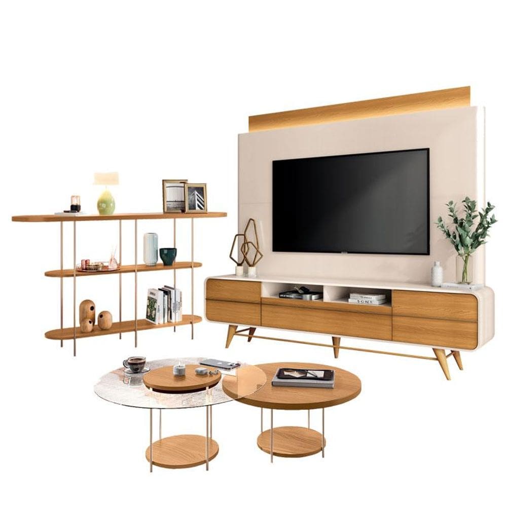 Estante Home Theater Nobre Off White Cinamomo e Aparador Infinity e Kit Mesa de Centro Sky Cinamomo – HB Móveis