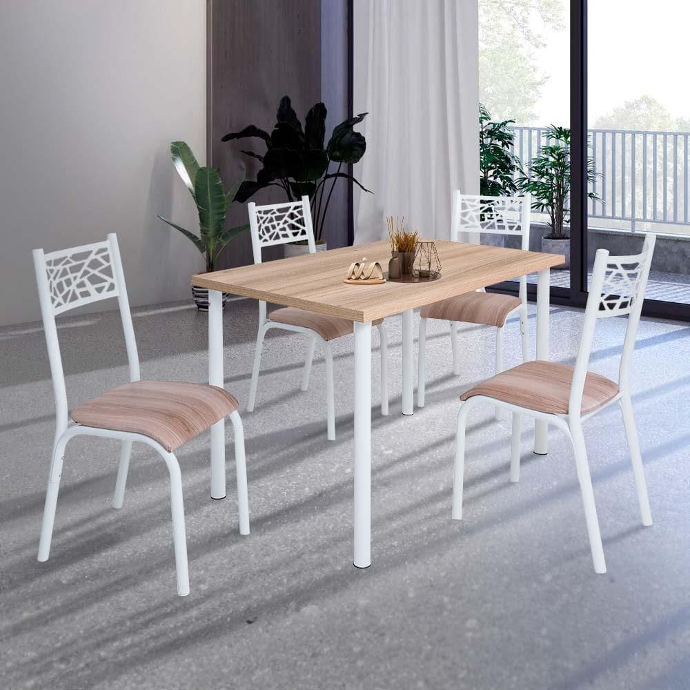 Conjunto De Mesa Sala De Jantar Com 4 Cadeiras Em Aço Branco Carvalho Com Estofado Capuccino Tizo