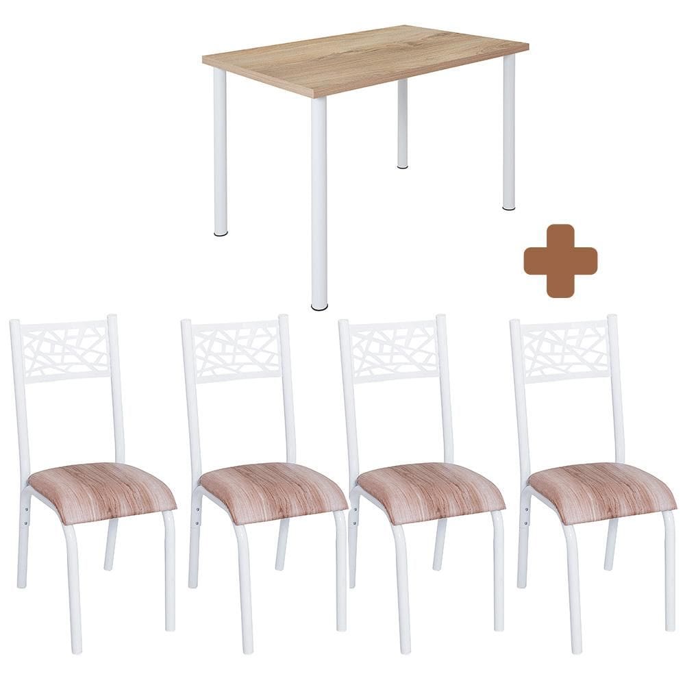 Mesa De Aço Com 4 Cadeiras Em Aço Branco Carvalho Com Estofado Capuccino Zaim JM Móveis