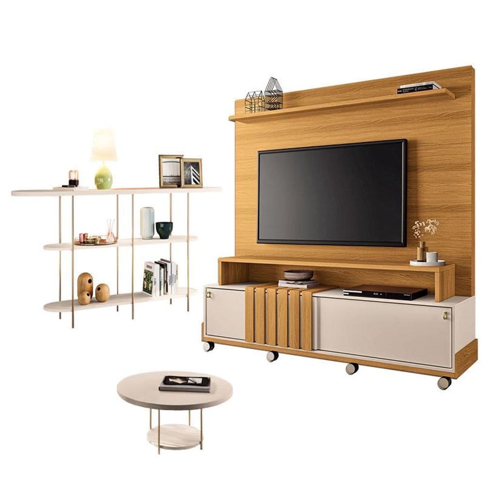 Estante Home Theater bold Off White Cinamomo e Aparador Infinity e Mesa de Centro sky Off White - HB Móveis