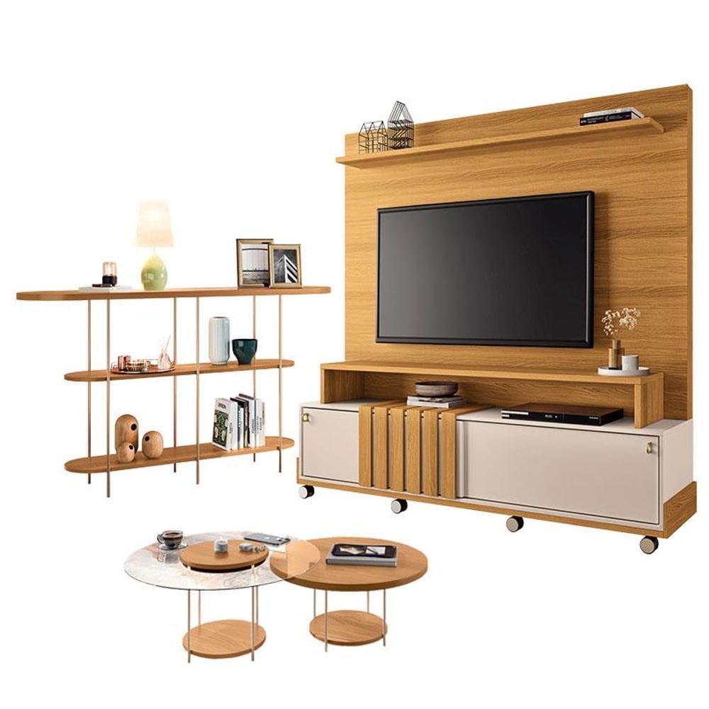 Estante Home Theater Bold Off White Cinamomo e Aparador Infinity e Kit Mesa de Centro sky Cinamomo – HB Móveis
