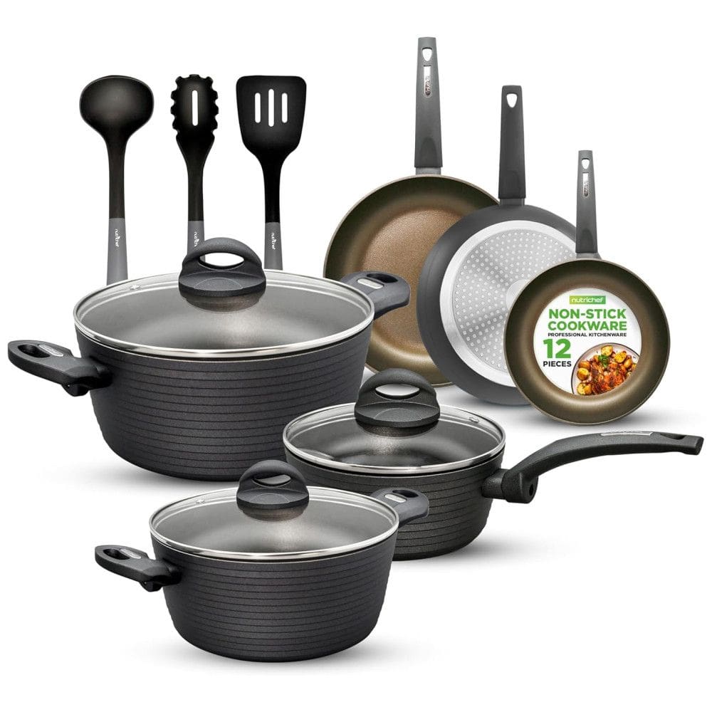 Jogo de Panelas e Frigideiras Antiaderentes em Alumínio com Utensílios, 12 Peças, NutriChef, Cinza