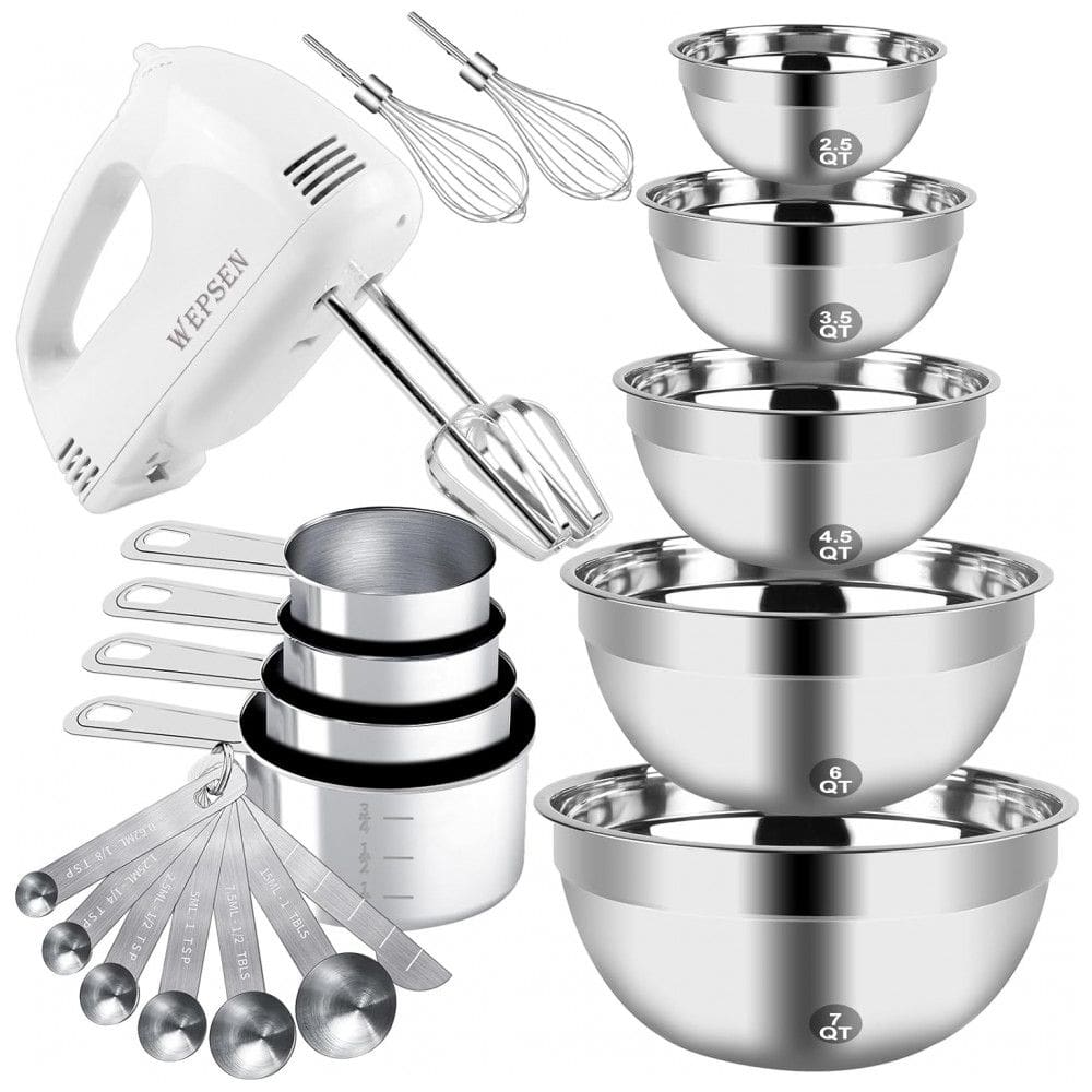 Batedeira Elétrica com 5 Tigelas em Aço Inox e Colheres Medidoras, 110V 150W, WEPSEN, Branca