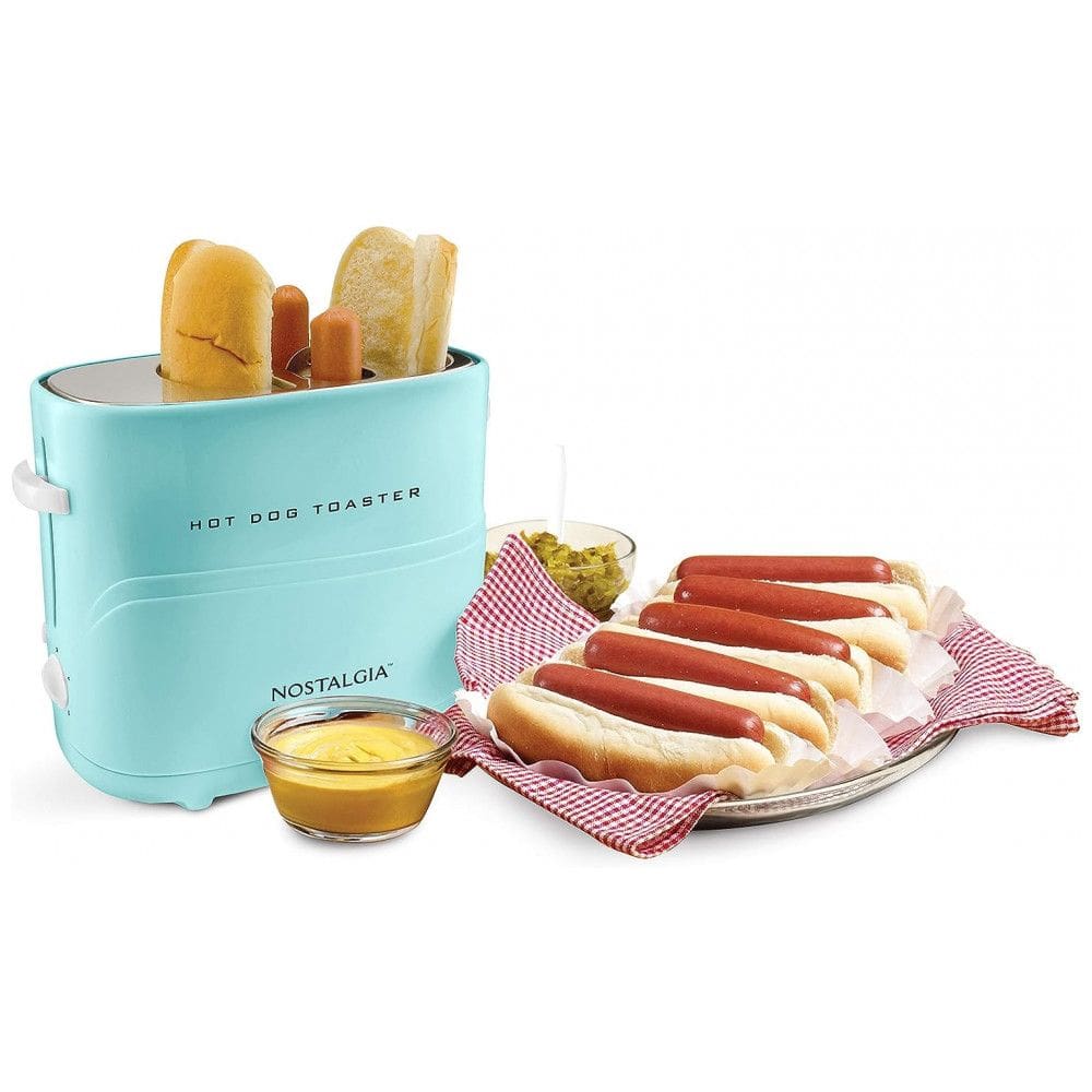 Máquina de Hot Dog Nostalgia até 2 Salsichas por Vez com Mini Pinças, Aço Inoxidável 110V Azul
