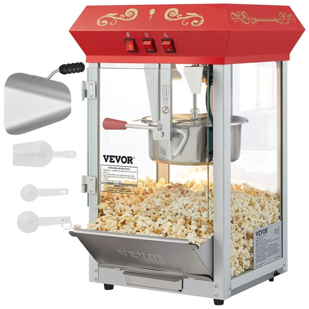 Máquina de Pipoca Comercial VEVOR, Chaleira de 227 g, Faz 11,4 Litros de Pipoca por Lote, 850 W, com Rodas, Controle de 3 Interruptores.