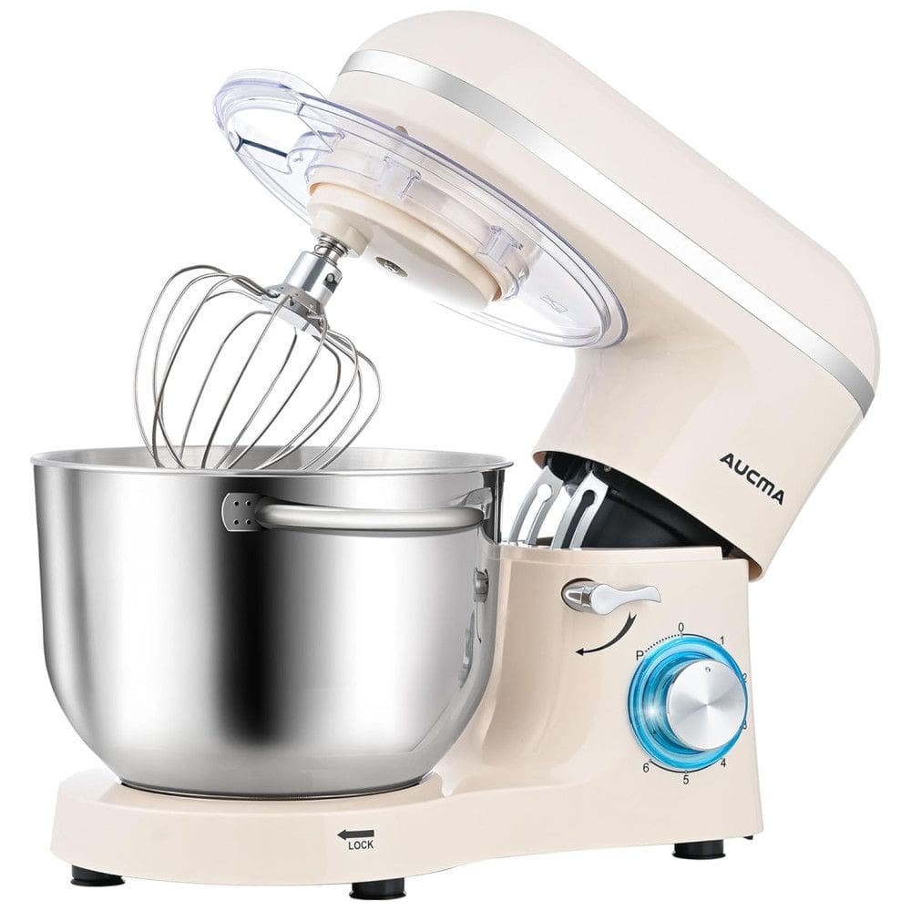 Misturador de Bolo Aucma, 6,5 Litros 660W 6 Velocidades, Design Inclinável, Stand Mixer com Gancho para Massa, Batedor de Arame, Almond
