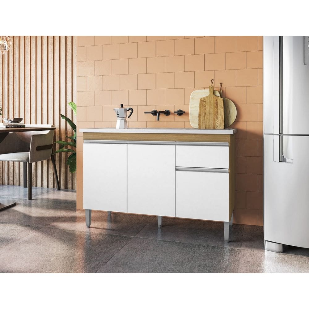 Gabinete de Pia Armário Tatiane 120cm Amêndoa/Branco S/Tampo - AJL Móveis
