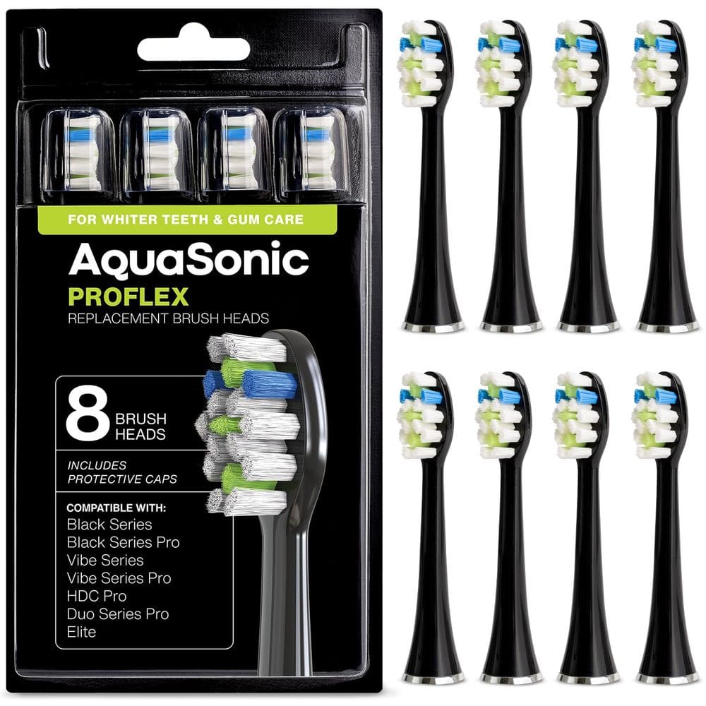 Cabeças de escova de reposição Aquasonic Proflex, pacote com 8, pretas