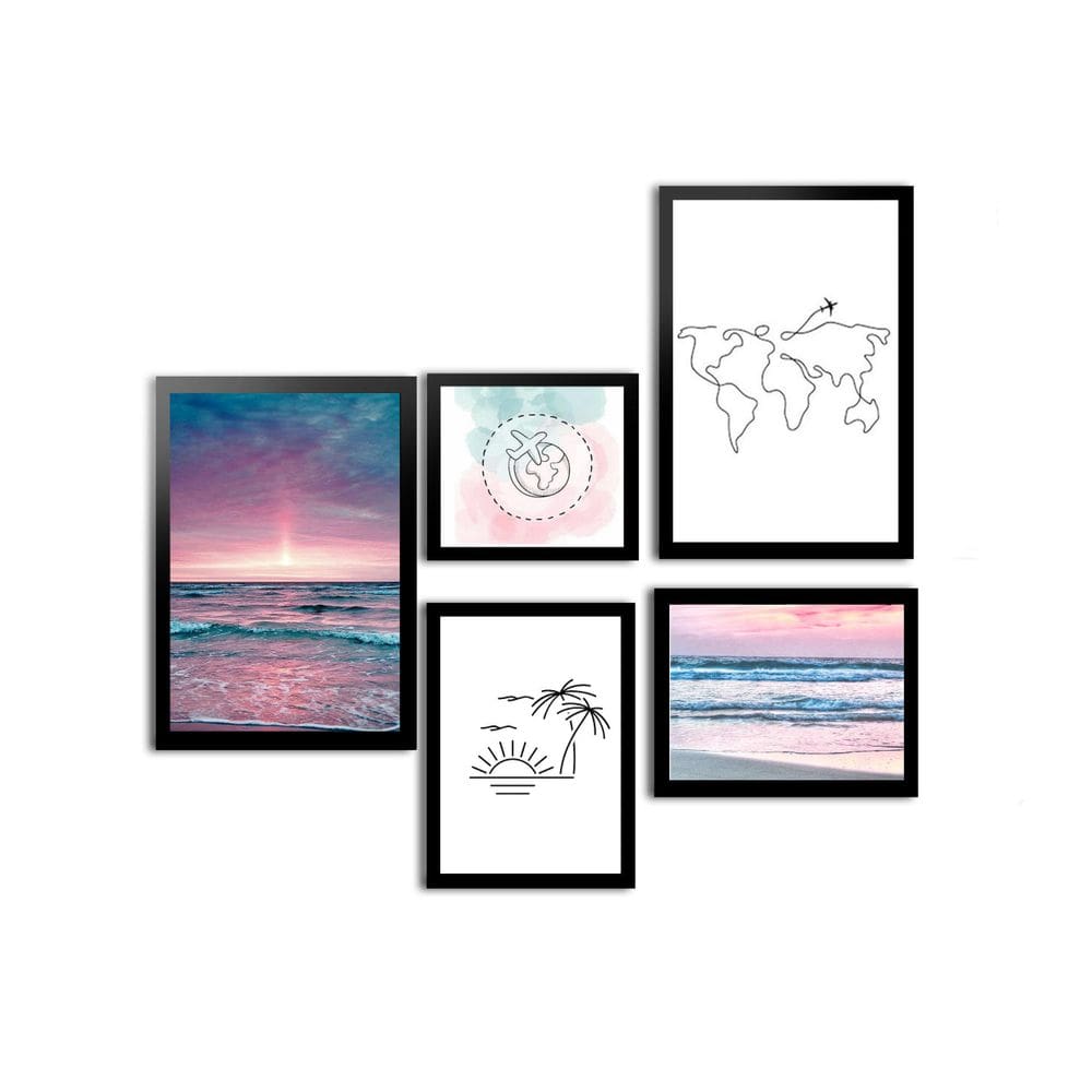 Conjunto De 5 Quadros Decorativos Com Moldura Viagem