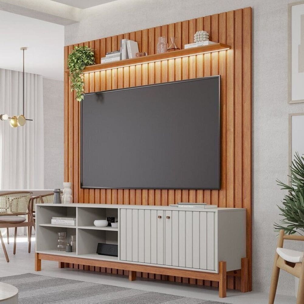 Conjunto Decorativo Bancada Holanda e Painel Maragogi 180 Suspenso com Led Mdf Cinamomo/Off White
