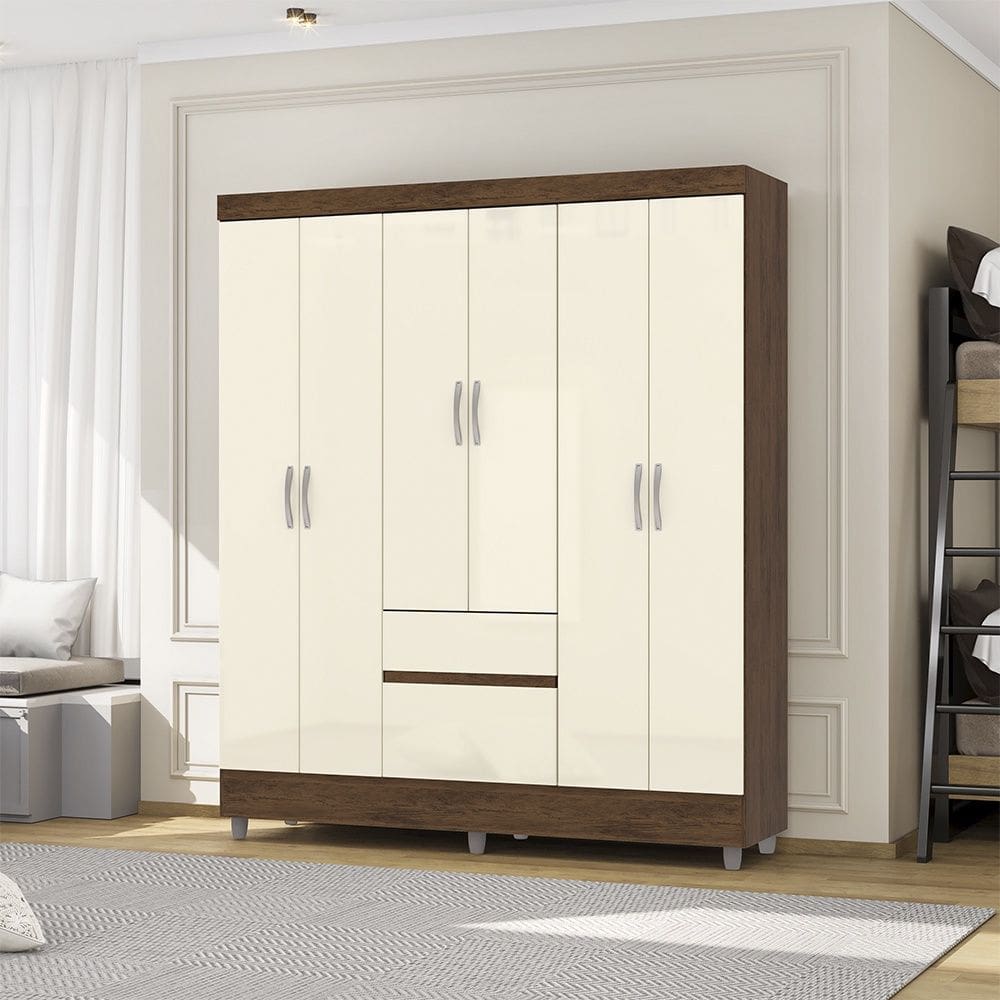 Guarda Roupa Roupeiro Solteiro Ideal 6 Portas Plus Imbuia Champanhe Vila Rica