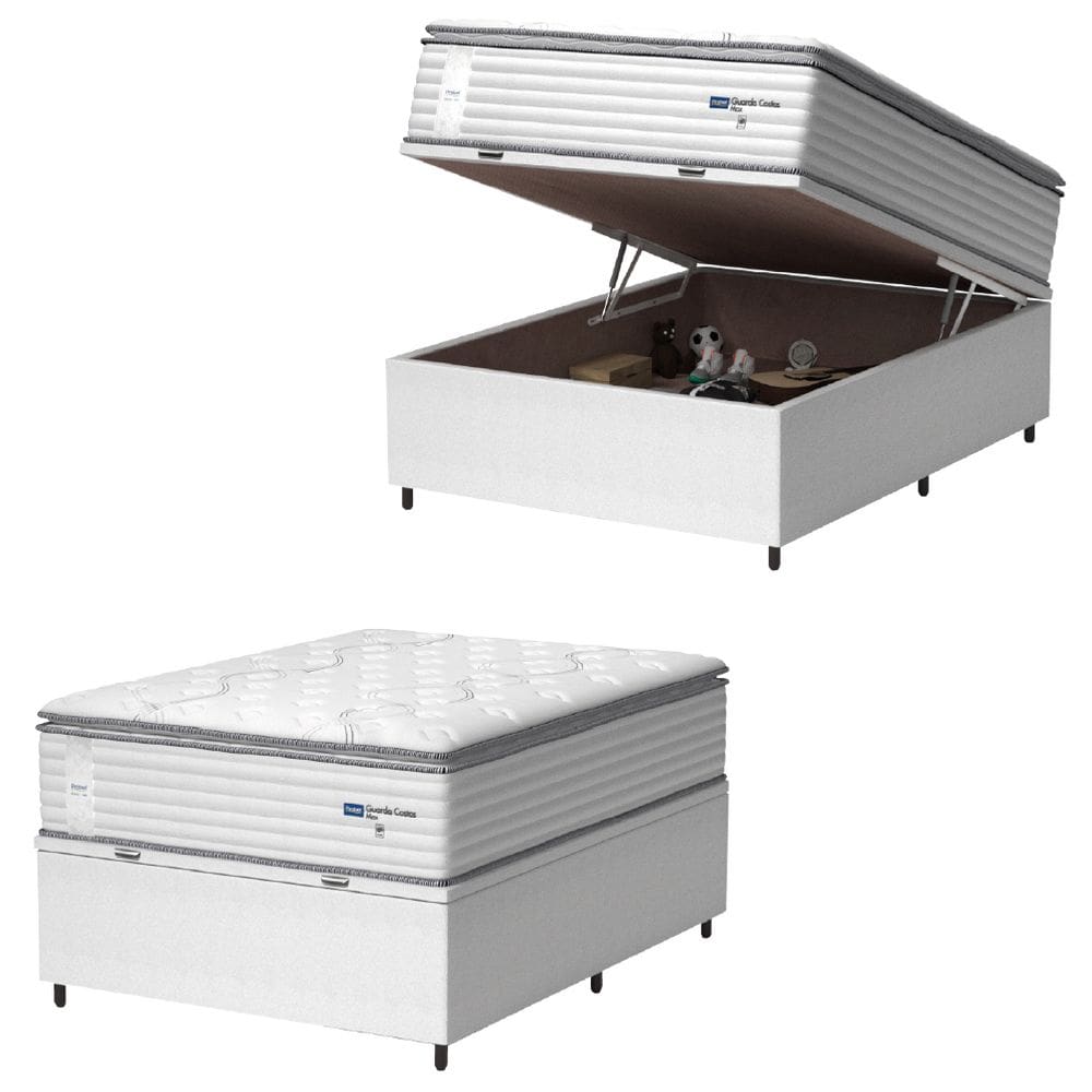 Cama Box Baú Casal Colchão Molas Guarda Costas Max Com Pillow 138x188x81cm Branco/Cinza