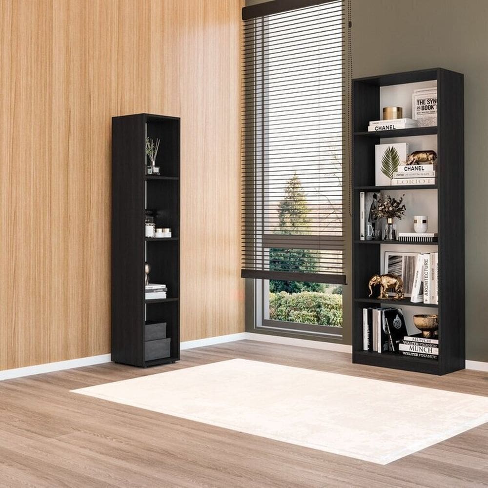 Kit com 1 Estante Multiuso 5 Nichos Montreal e 1 Estante Modular Livreiro 4 Nichos Calum Preto