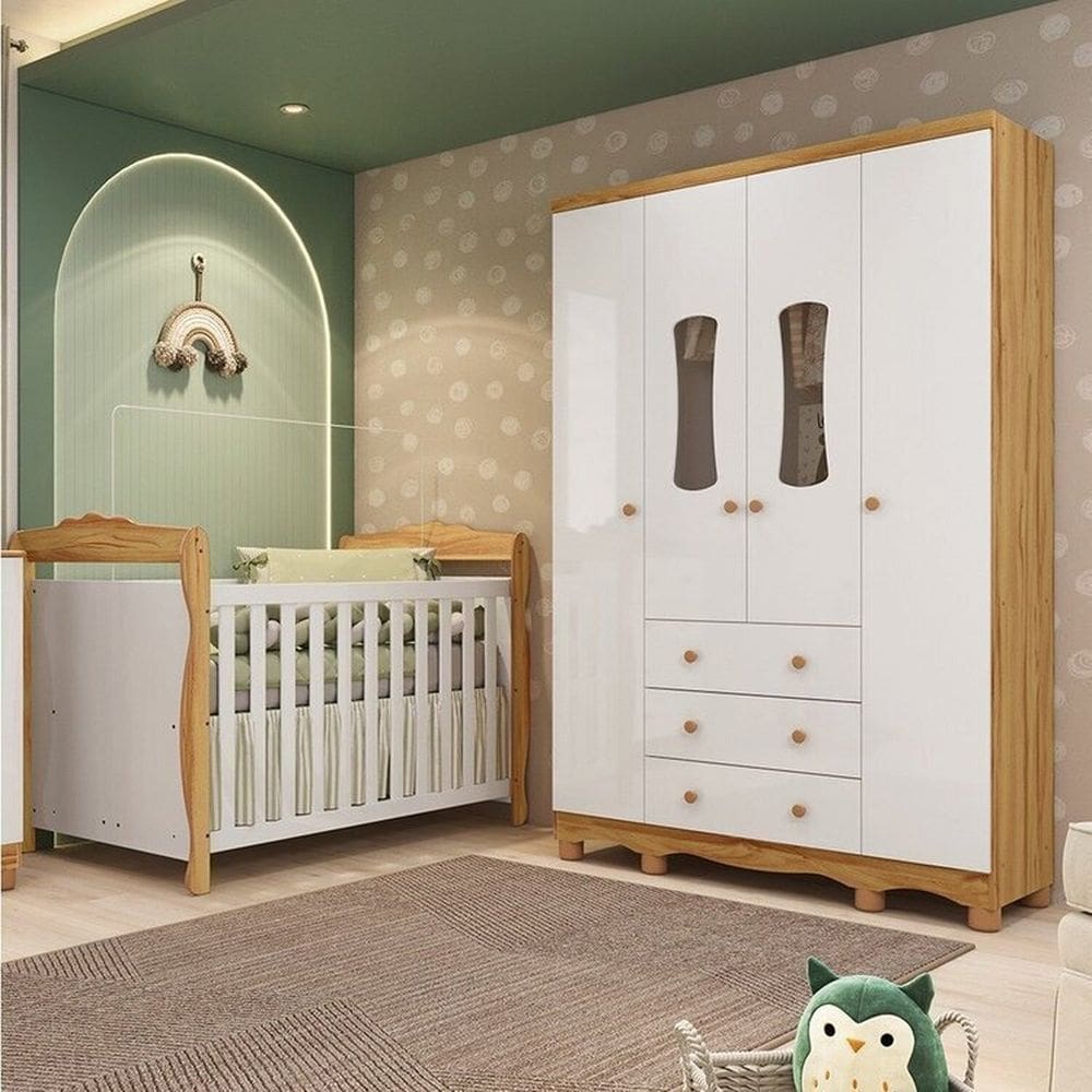 Quarto de Bebê Guarda-roupa 4 Portas com Janelas e Berço Minicama 100% Mdf Aurora Espresso Móveis Branco Brilho/Amêndoa