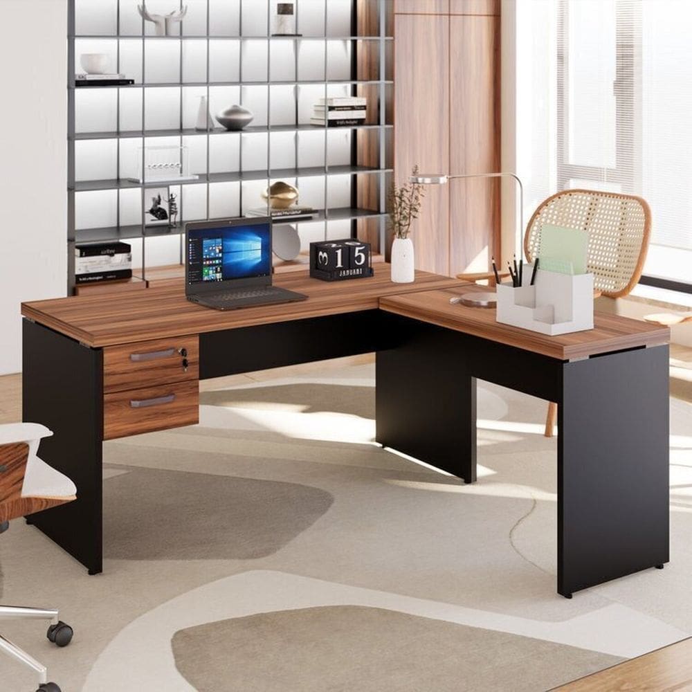 Mesa para Escritório Diretor em L com Gaveteiro Suspenso Espresso Móveis Marrom/Preto
