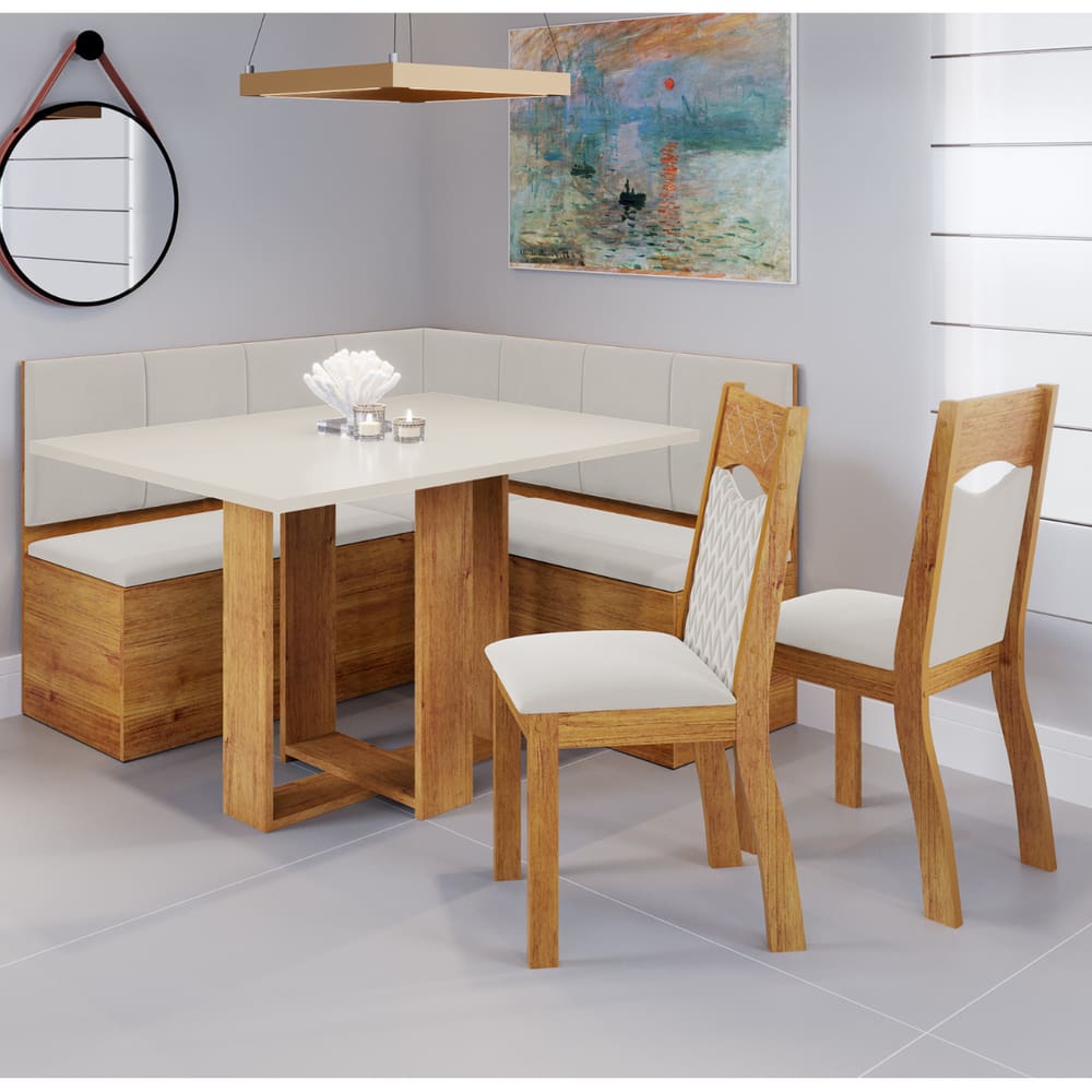 Canto Alemao Com Bau E Mesa Retangular Rosie Com 2 Cadeiras Pietra - Casa Giulia