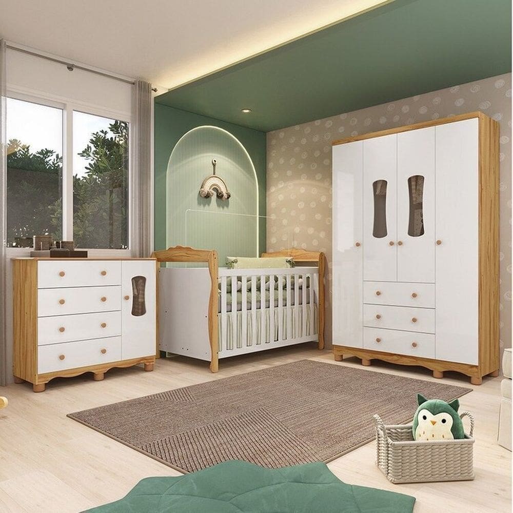 Quarto de Bebê com Guarda-roupas 4 Portas Cômoda com Janelas e Berço 100% Mdf Aurora Espresso Móveis Branco Brilho/Amêndoa