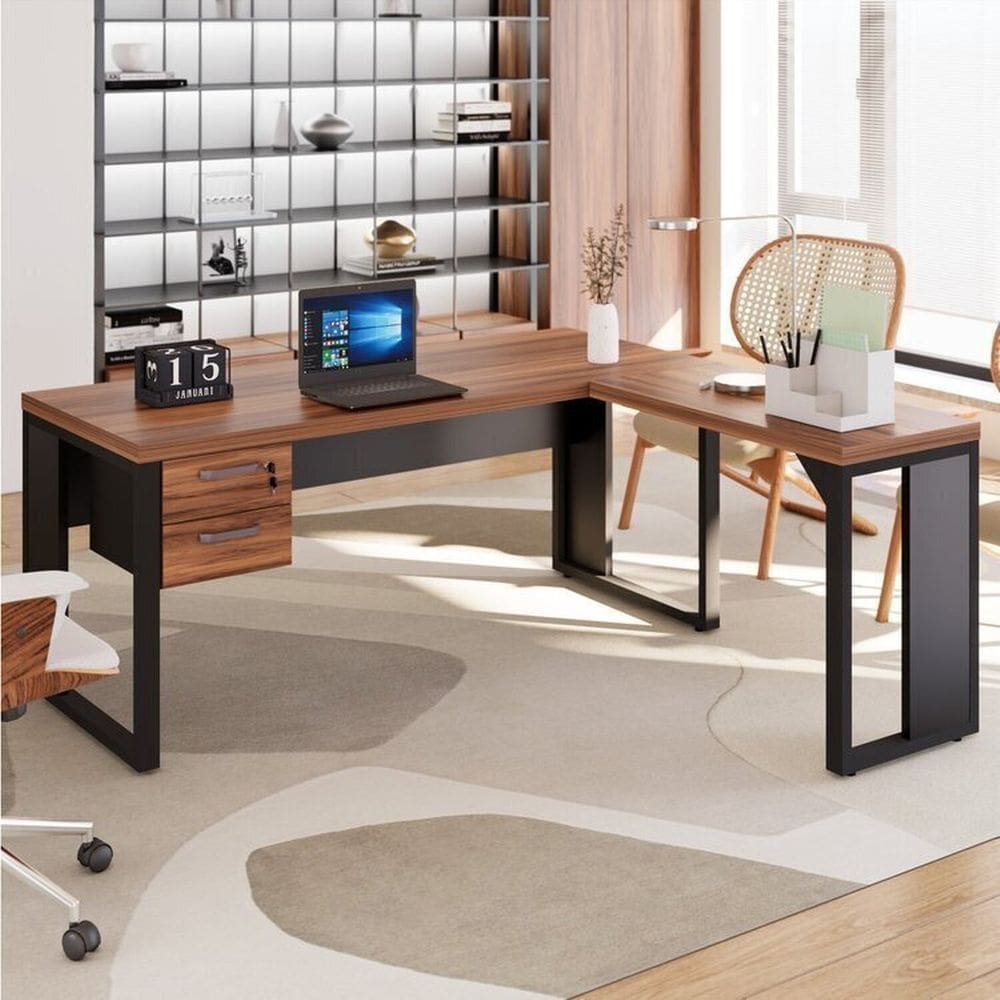 Mesa para Escritório Diretor em L com Gaveteiro Suspenso Espresso Móveis Marrom/Preto