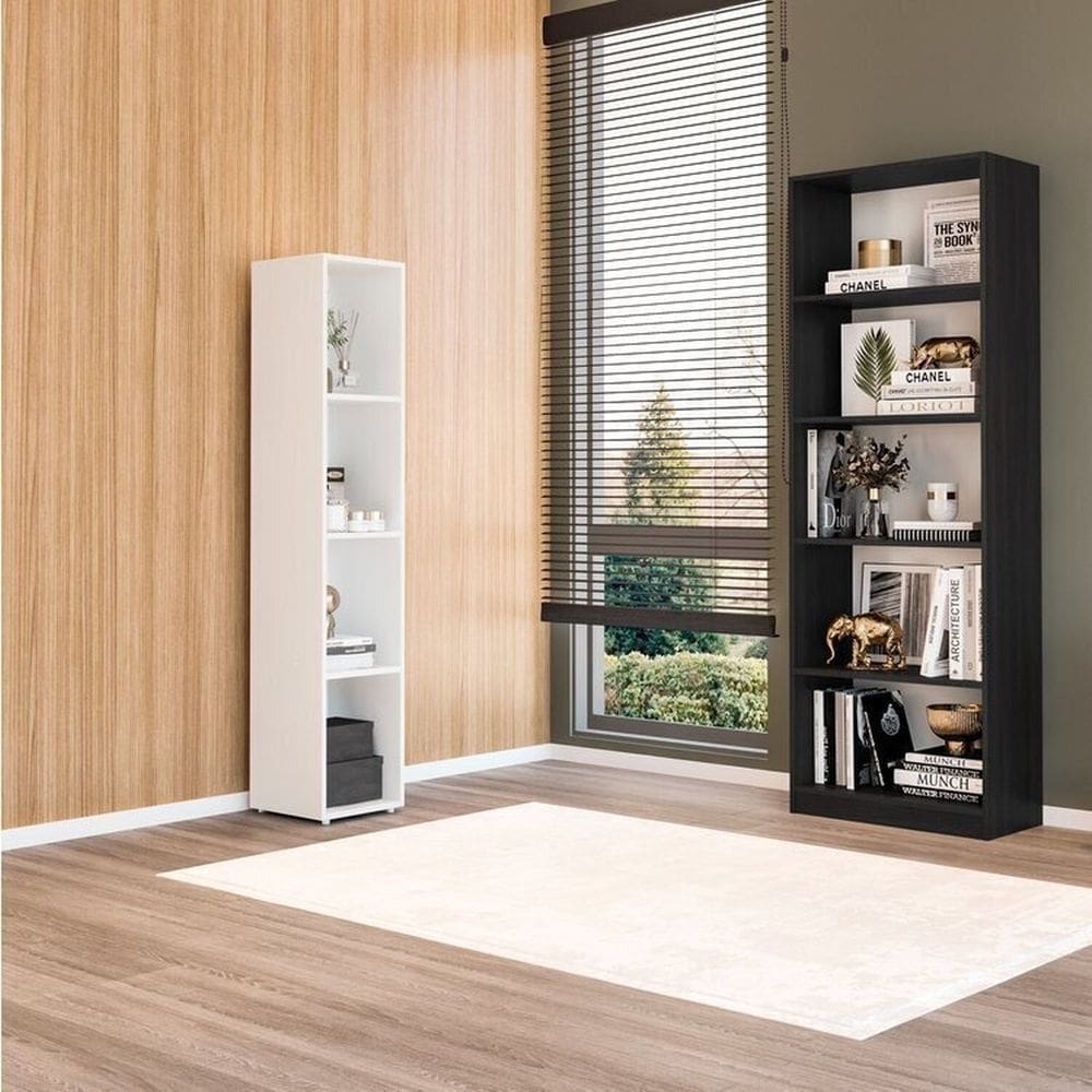 Kit com 1 Estante Multiuso 5 Nichos Montreal e 1 Estante Modular Livreiro 4 Nichos Calum Preto/Branco