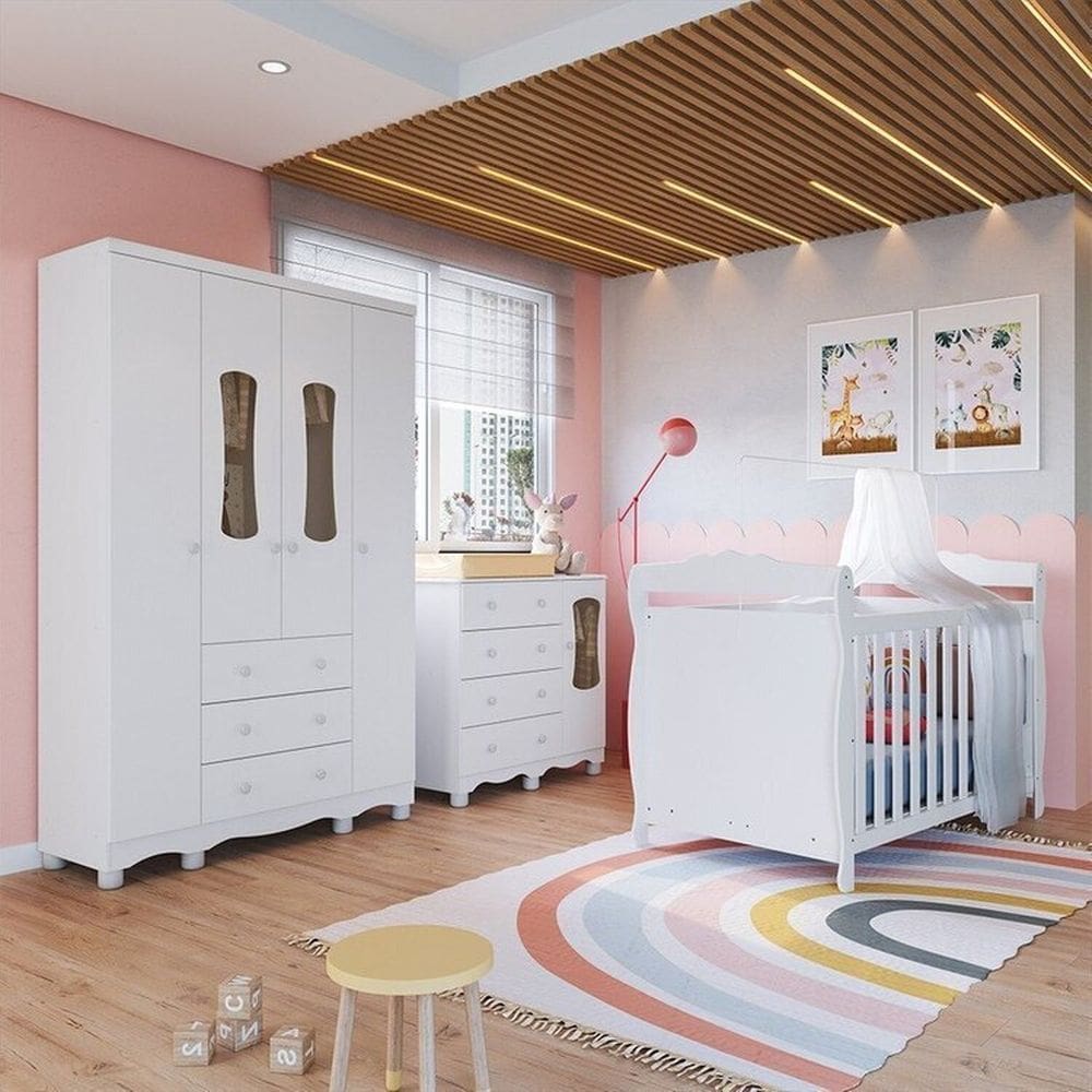 Quarto de Bebê com Guarda-roupas 4 Portas Cômoda com Janelas e Berço 100% Mdf Aurora Espresso Móveis Branco Brilho
