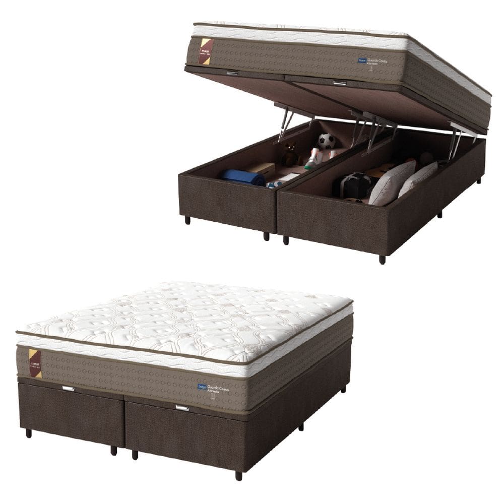 Cama Box Baú Casal King Colchão Molas Ensacadas Guarda Costas Alameda 193x203x71cm Suede Mar/Branco