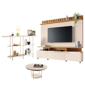 Estante Home Theater Artís Off White Cinamomo e Aparador Infinity e Mesa de centro Sky Off White – HB Móveis