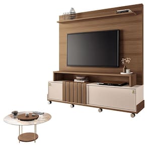 Estante Home Theater Bold Off White Castanho e Mesa de Centro sky com Tampo de Vidro Castanho– HB Móveis