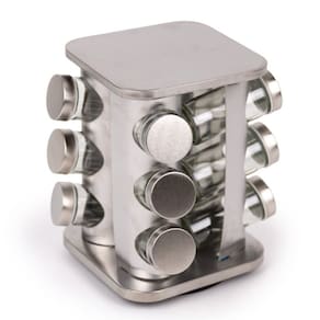 Porta Temperos Giratório com 12 Potes em Aço Inox e Vidro