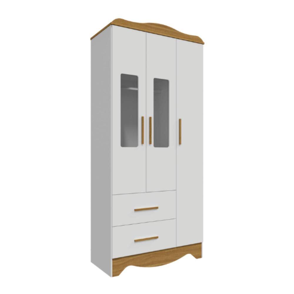 Guarda Roupa Peroba Clara 3 Portas  2 Gavetas Branco Amêndoa