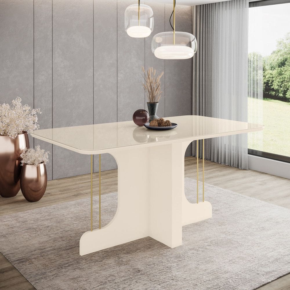 Mesa de Jantar 6 Lugares 1,6m Tampo MDF e Vidro Canto Arredondado Mavi Henn