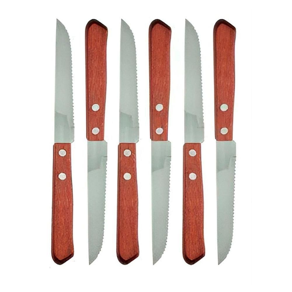 Conjunto 6pçs Facas Churrasco Cabo Madeira Aço Inoxidável